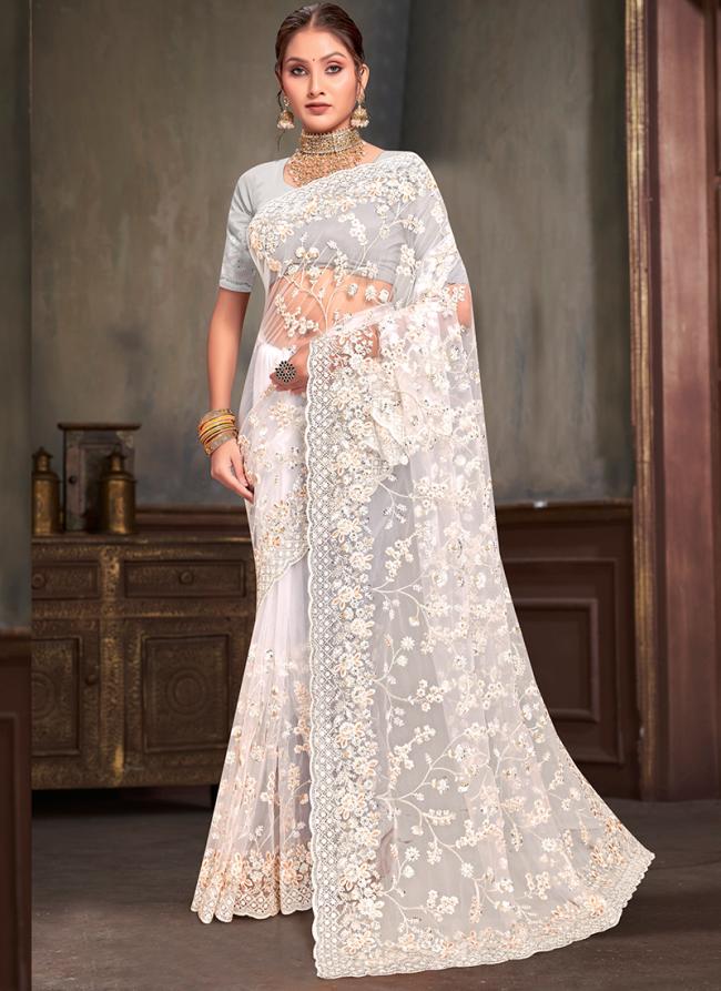 Net White Wedding Wear Sequins Work Saree